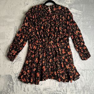 Free People Dress Womens Size S Black Floral Long Sleeve Knee Length Boho Hippie